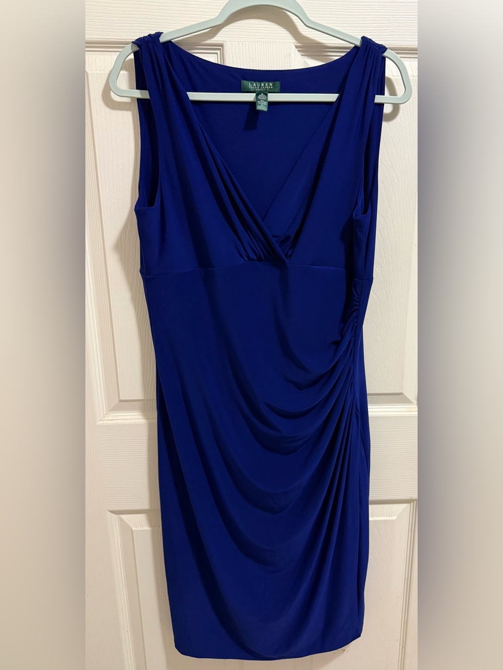 Ralph Lauren Sleeveless Royal Blue Draped V-Neck Dress. Worn once.